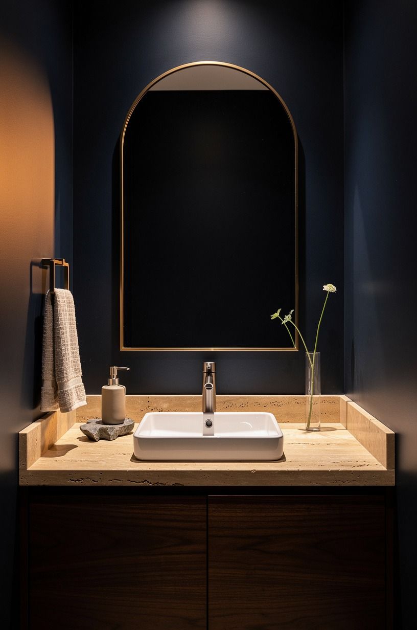 Hang an arched mirror above the basin