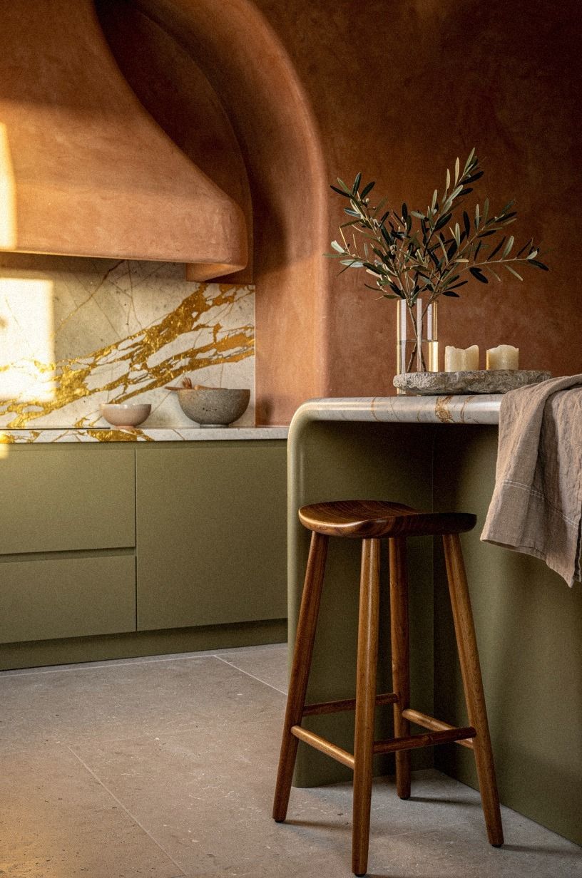 Build the corner with one warm wood stool