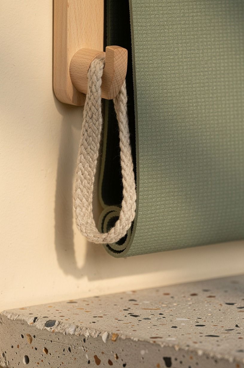 Mount yoga mats on vertical wall hooks