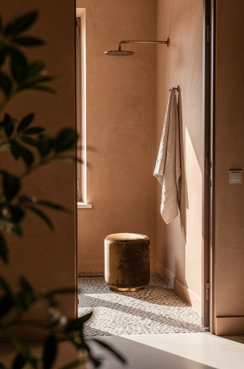 Layer pebble flooring under a frameless opening