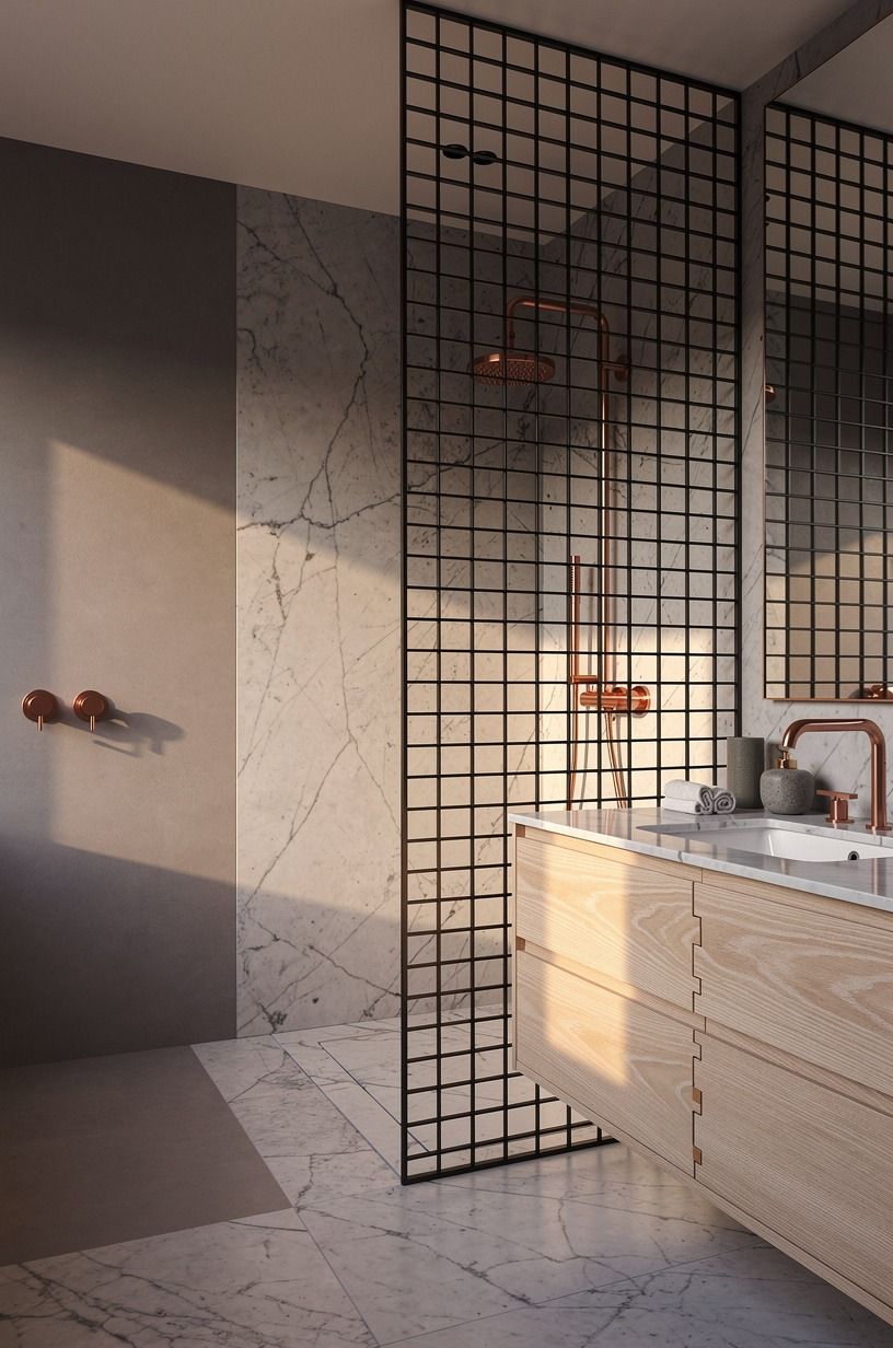 Anchor the shower with a black grid screen