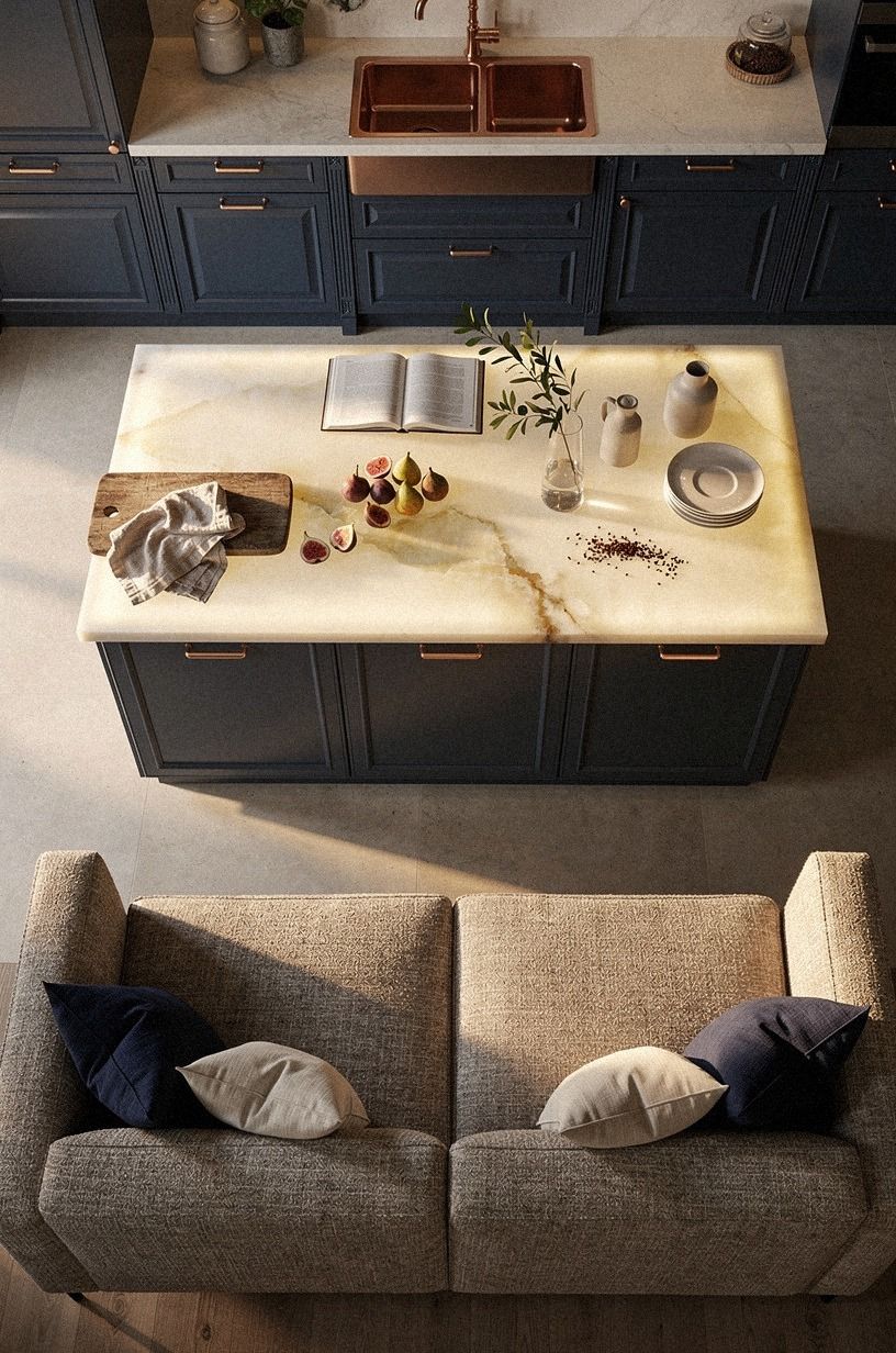 layer a low-profile sofa in boucle or linen