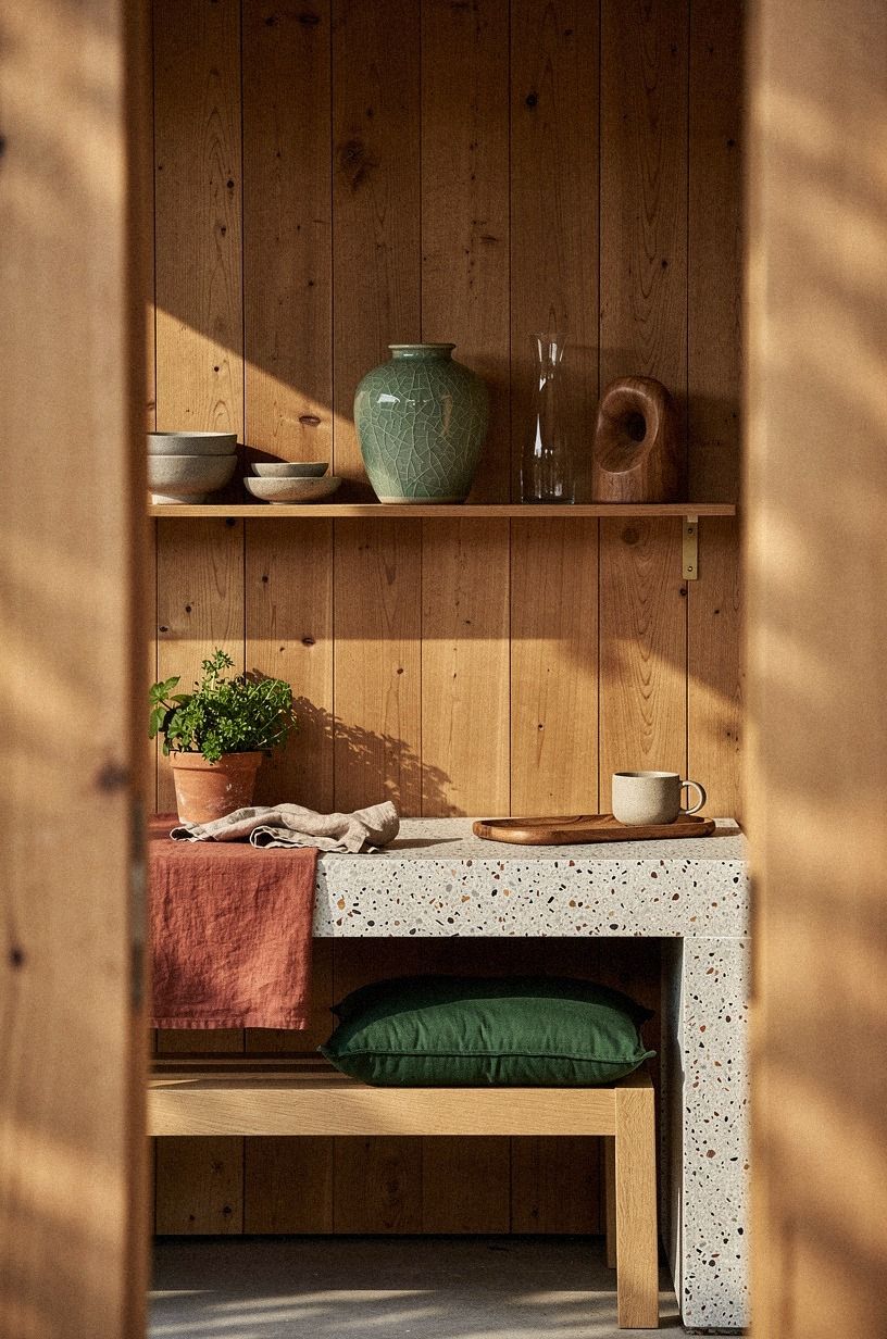 Float one row of open shelves on the cedar wall