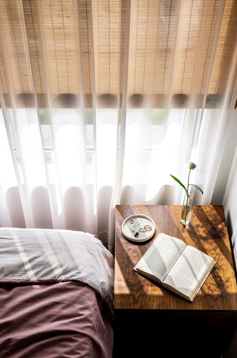 Layer gauzy curtains over bamboo blackout shades