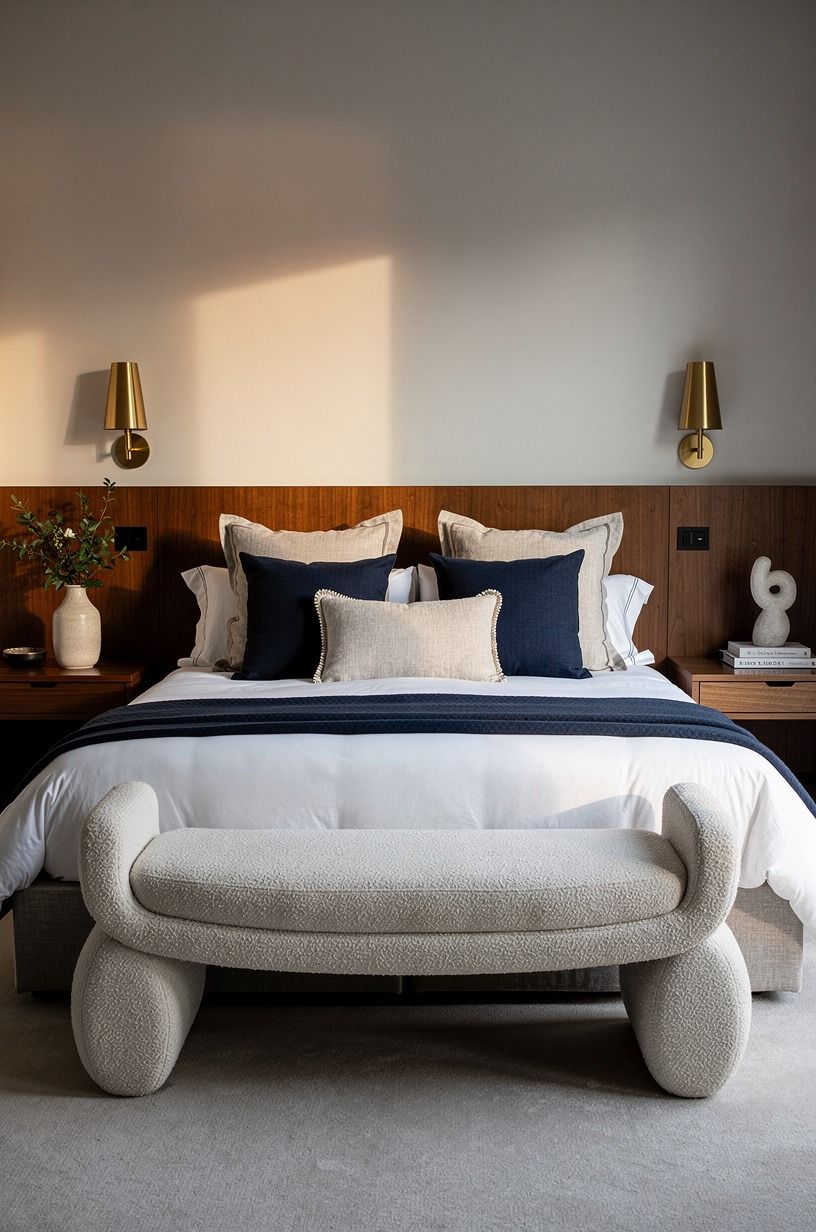 Hang brass sconces low beside the pillows