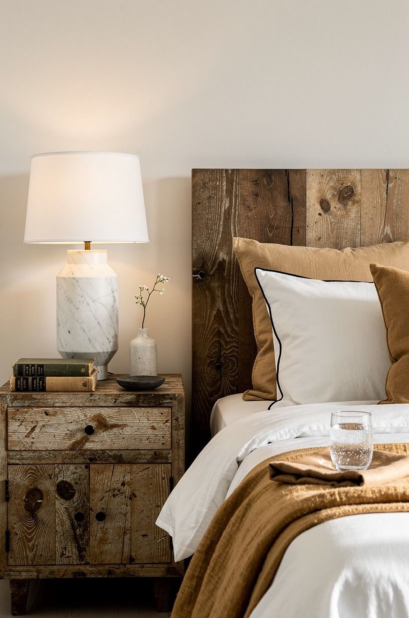 Place mismatched nightstands with marble lamps