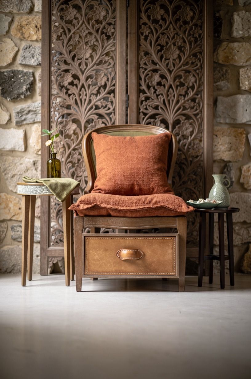 Add a carved screen behind the dressing chair