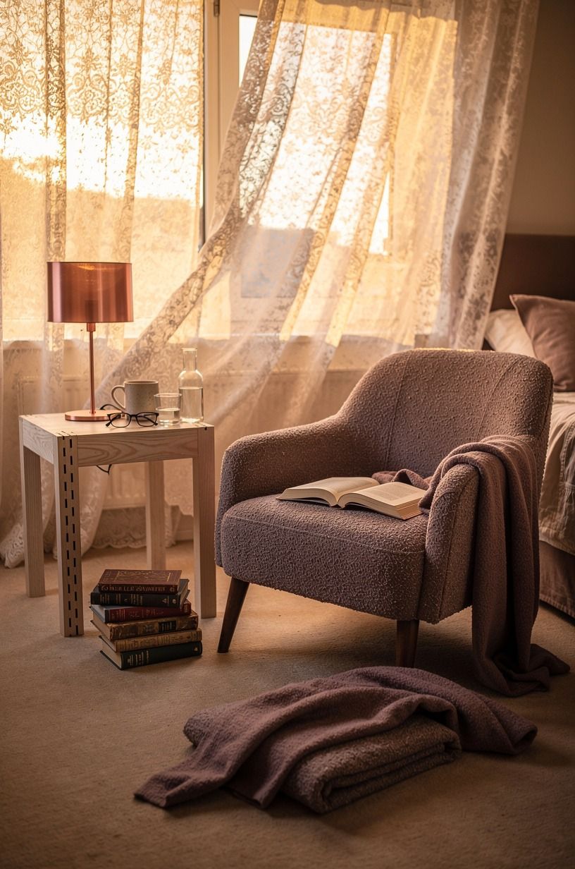 Float lace curtains around a reading corner