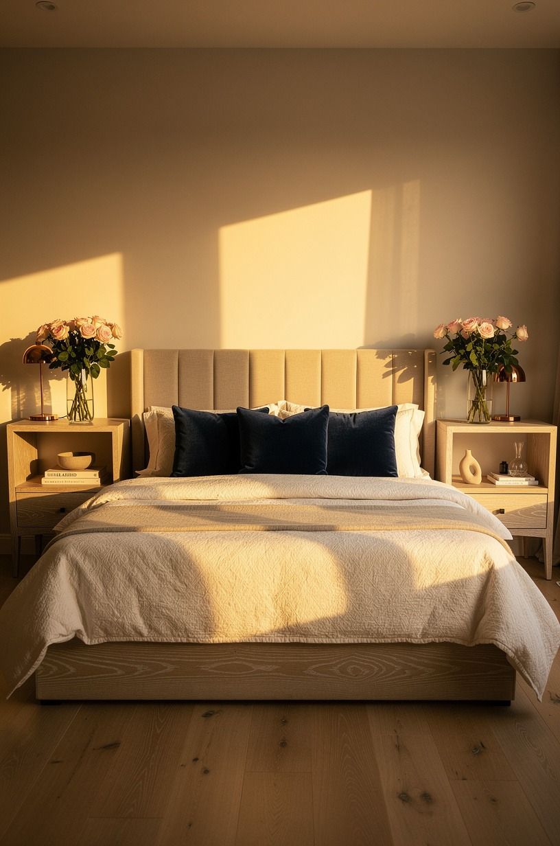 Finish with fresh roses on both nightstands