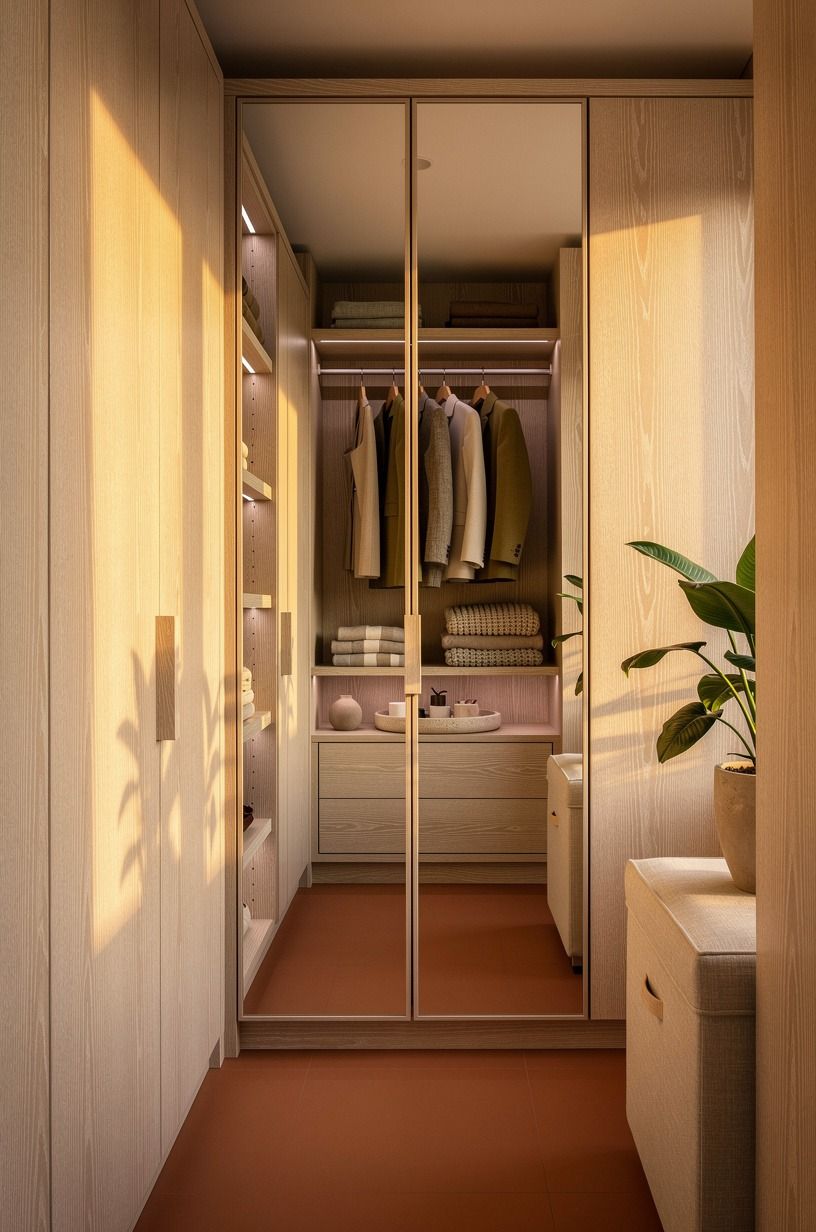 Start with a mirrored wardrobe wall