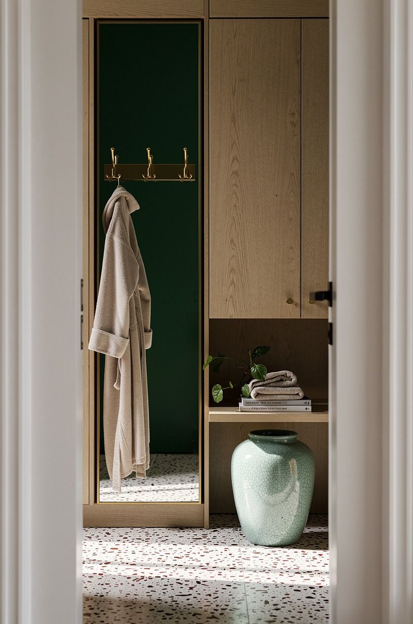 Install brass hooks beside the dressing mirror