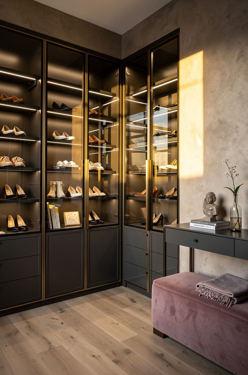 Frame shoes inside lit glass cabinets