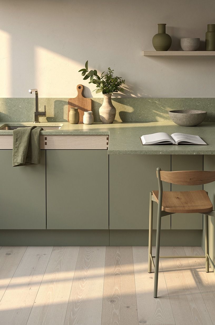 Painted the lower cabinets soft sage