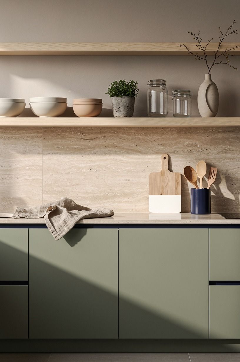 Ran pale oak shelves above the backsplash