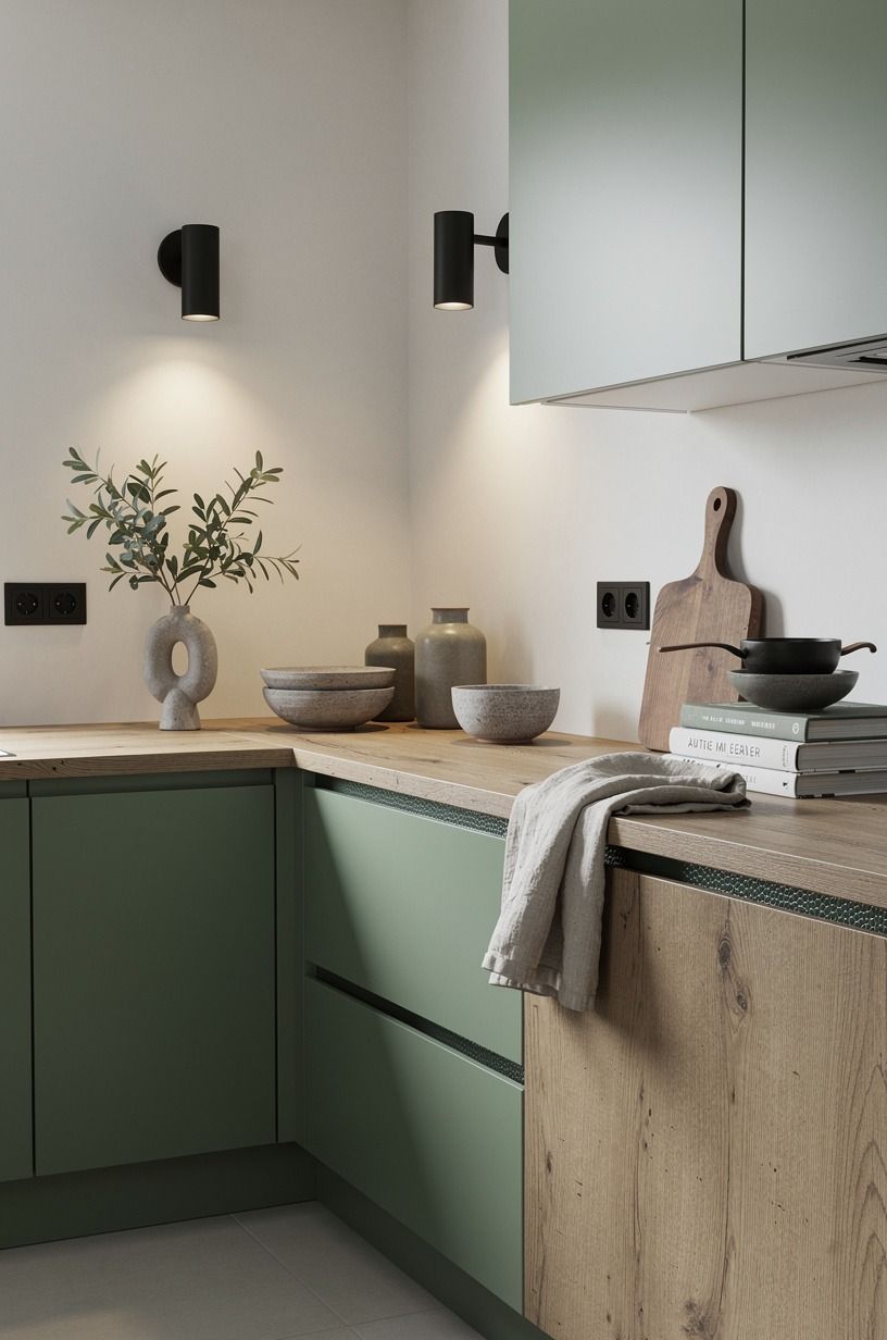 Installed slim black sconces over prep zones