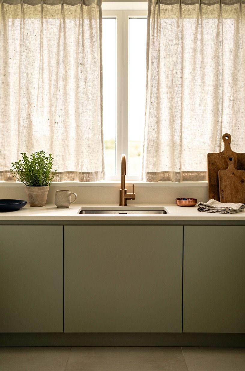 Used linen cafe curtains by the sink