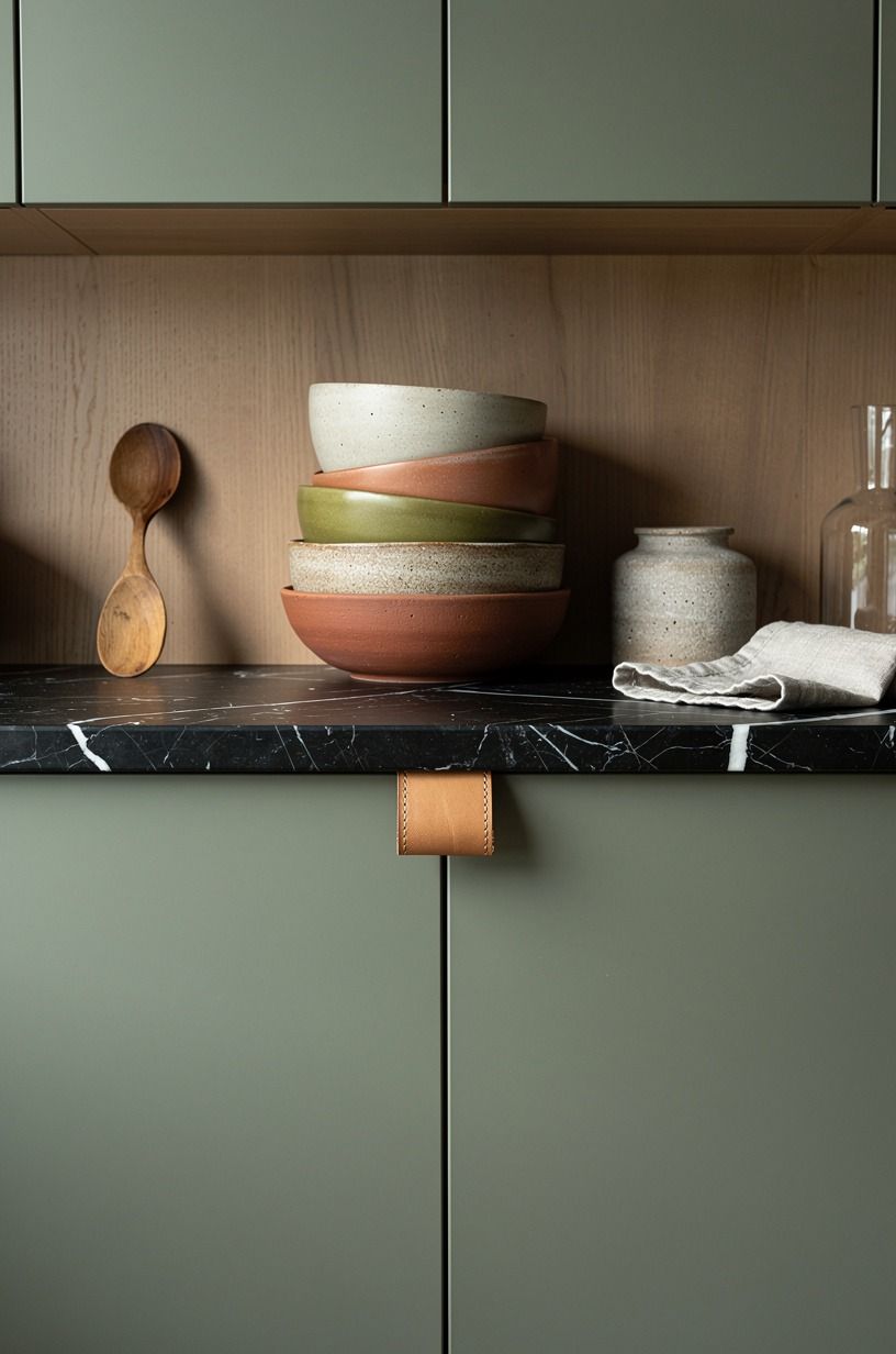 Stacked handmade bowls on open shelving