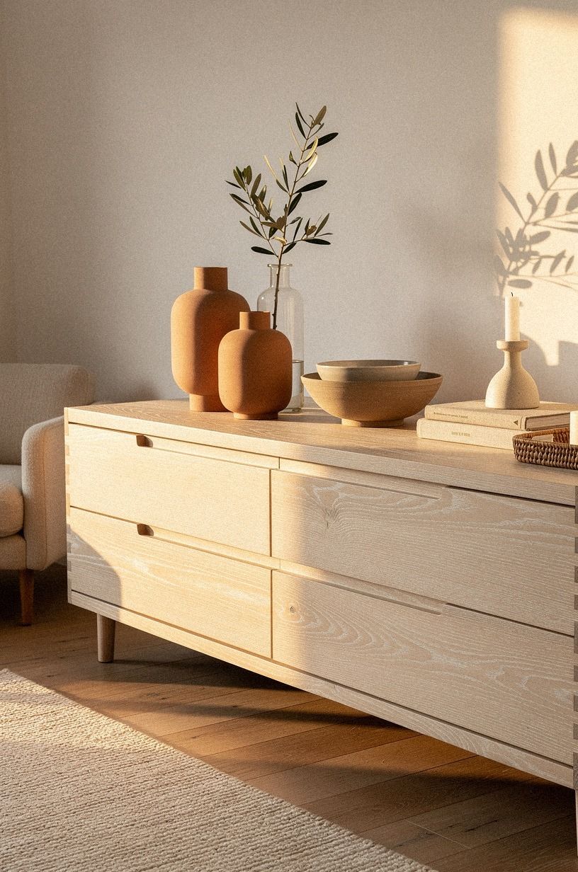 Anchor the room with recessed finger pulls on a cerused oak sideboard