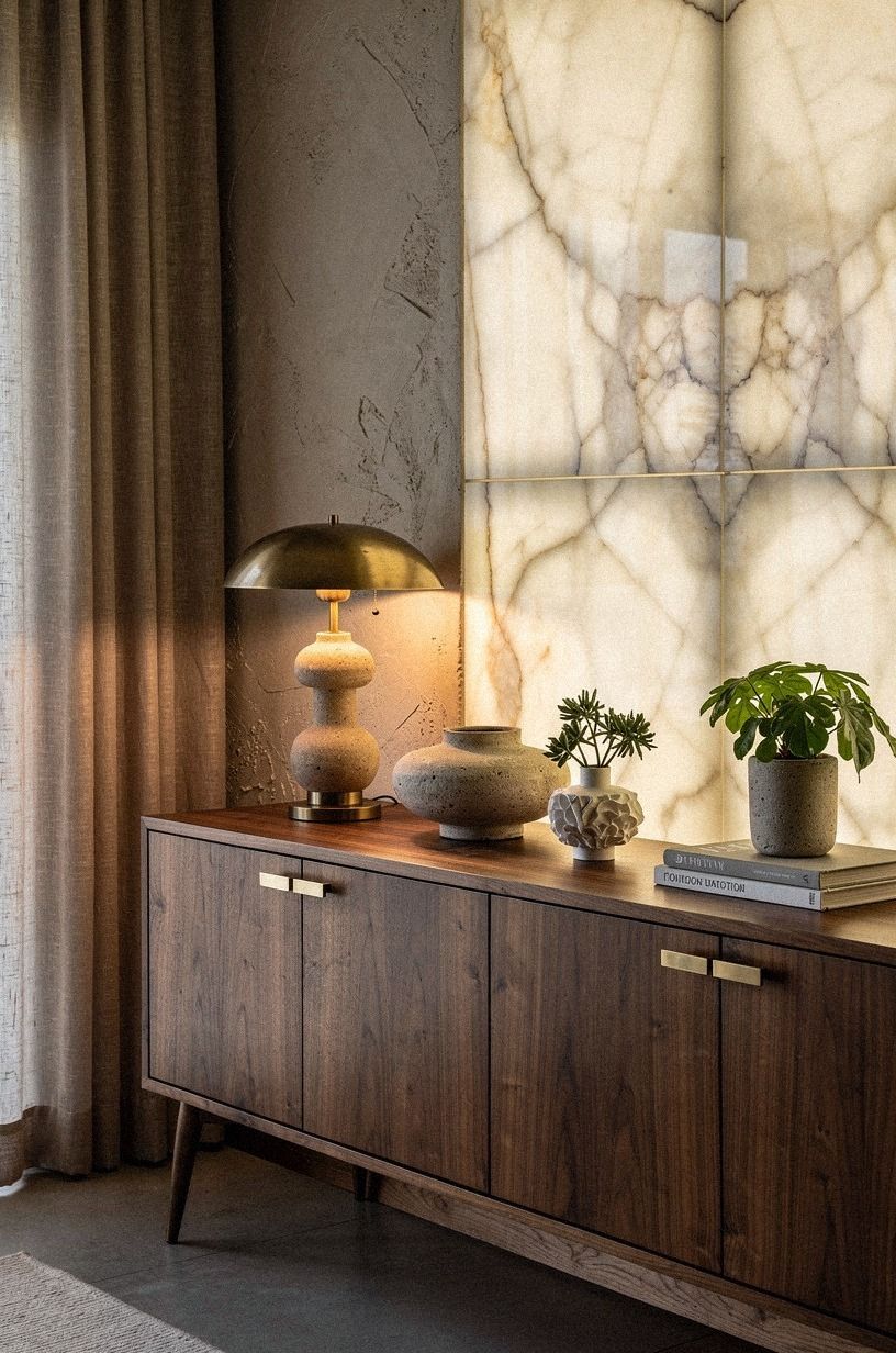 Mount slim brass cup pulls on a low walnut credenza