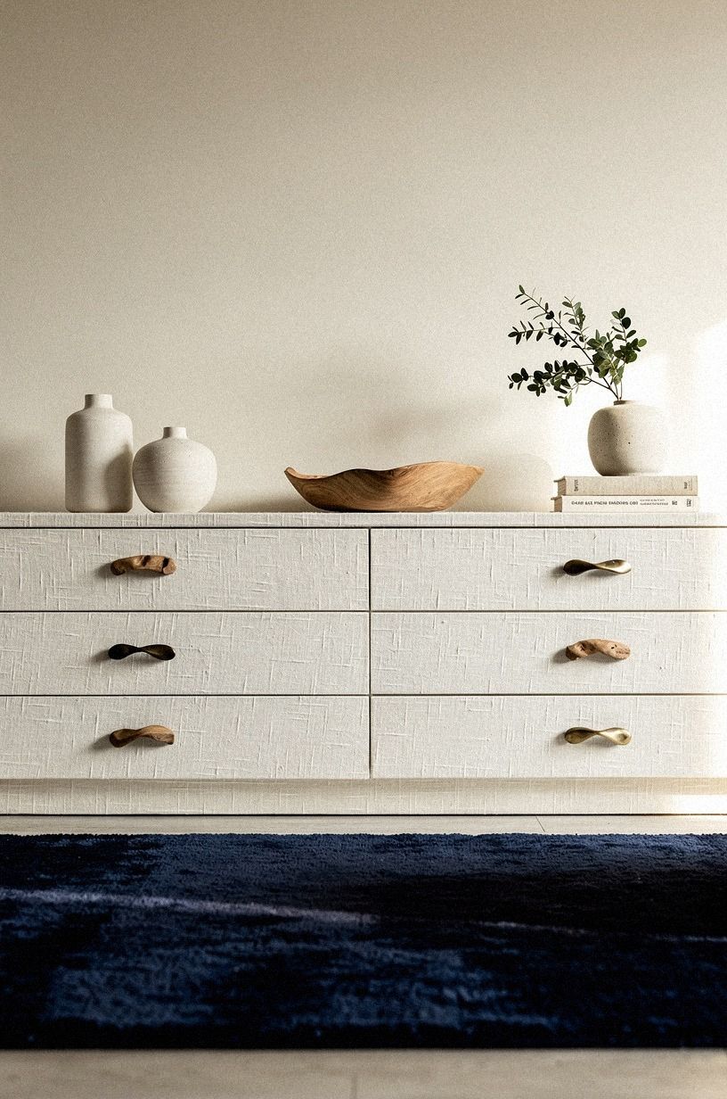 Carve wooden knobs from raw linen-wrapped cabinets