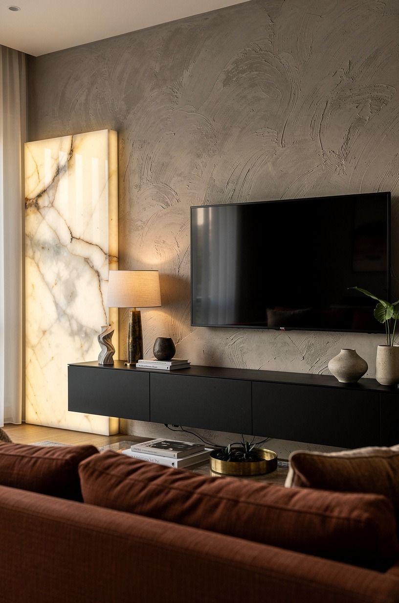 Should the TV sit on a matte black slab or float against the wall?