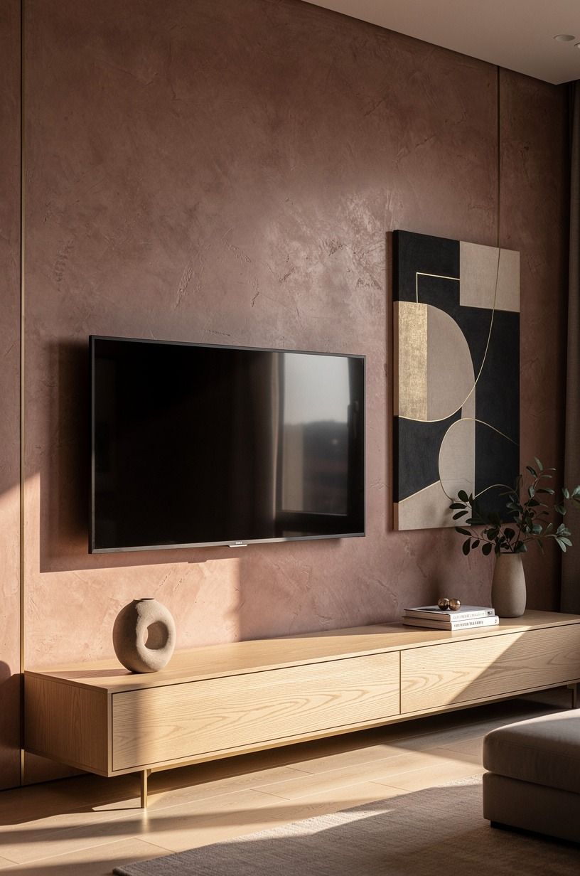 Hang asymmetrical art beside the TV, and let Benjamin Moore carry the wall