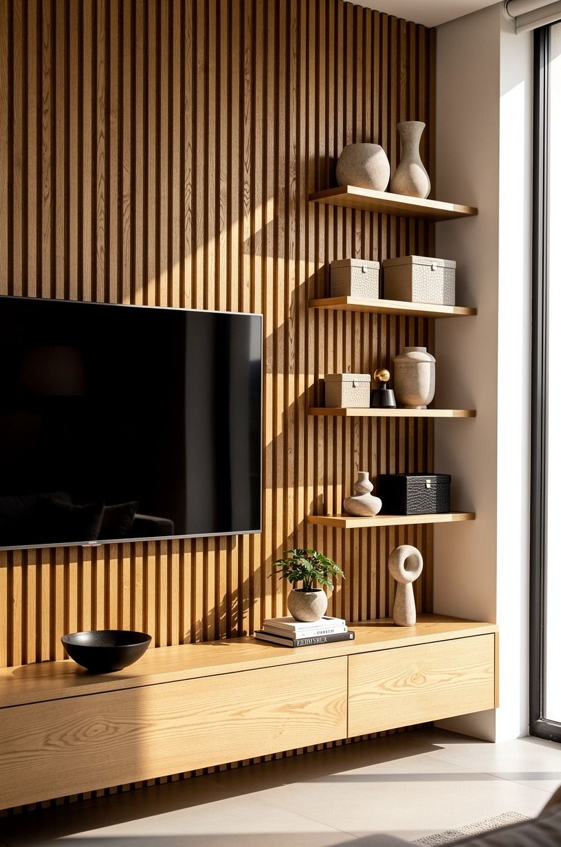 Why vertical slats beat solid paneling behind open shelving
