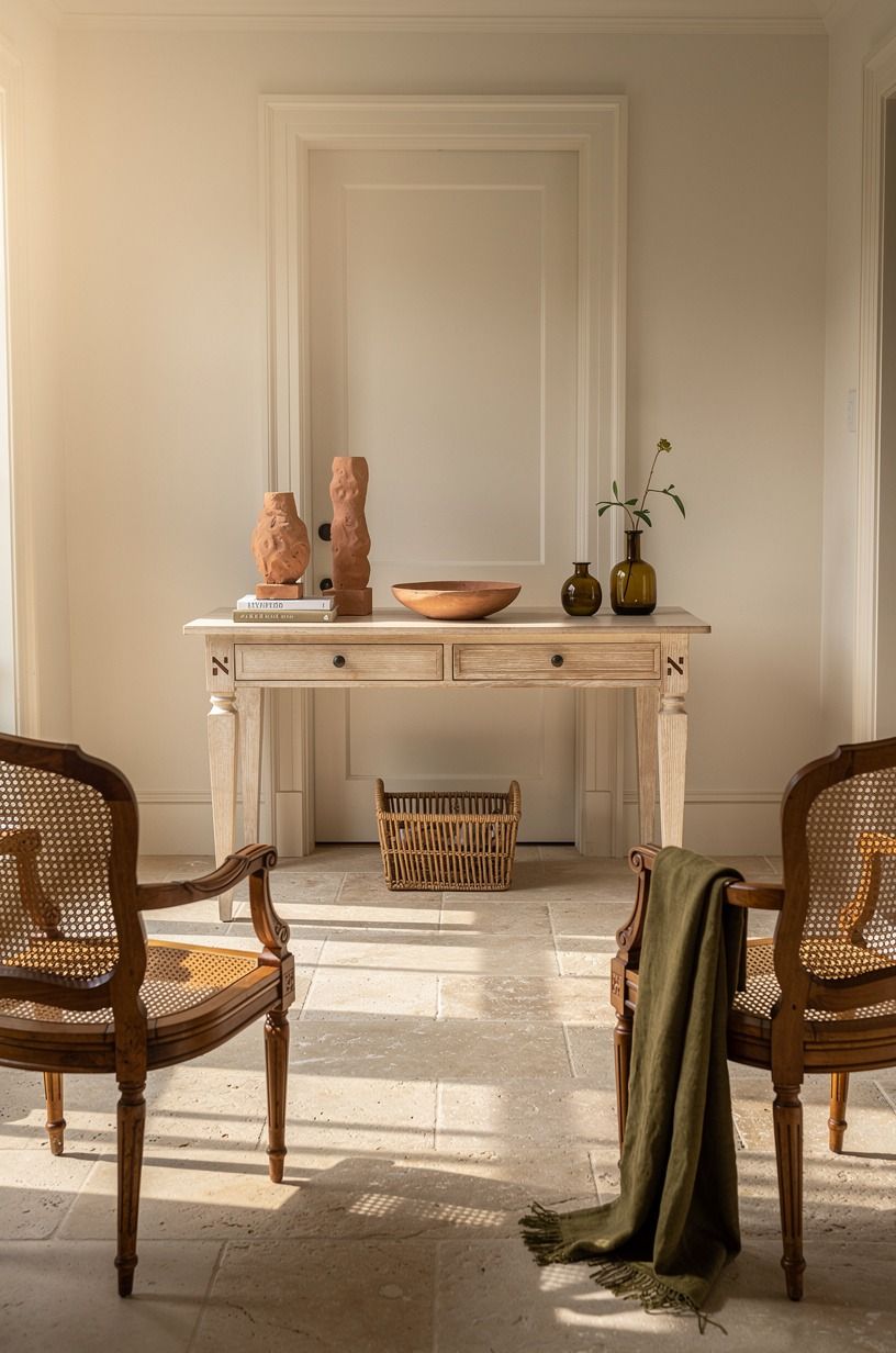 Frame the entry with antique cane chairs