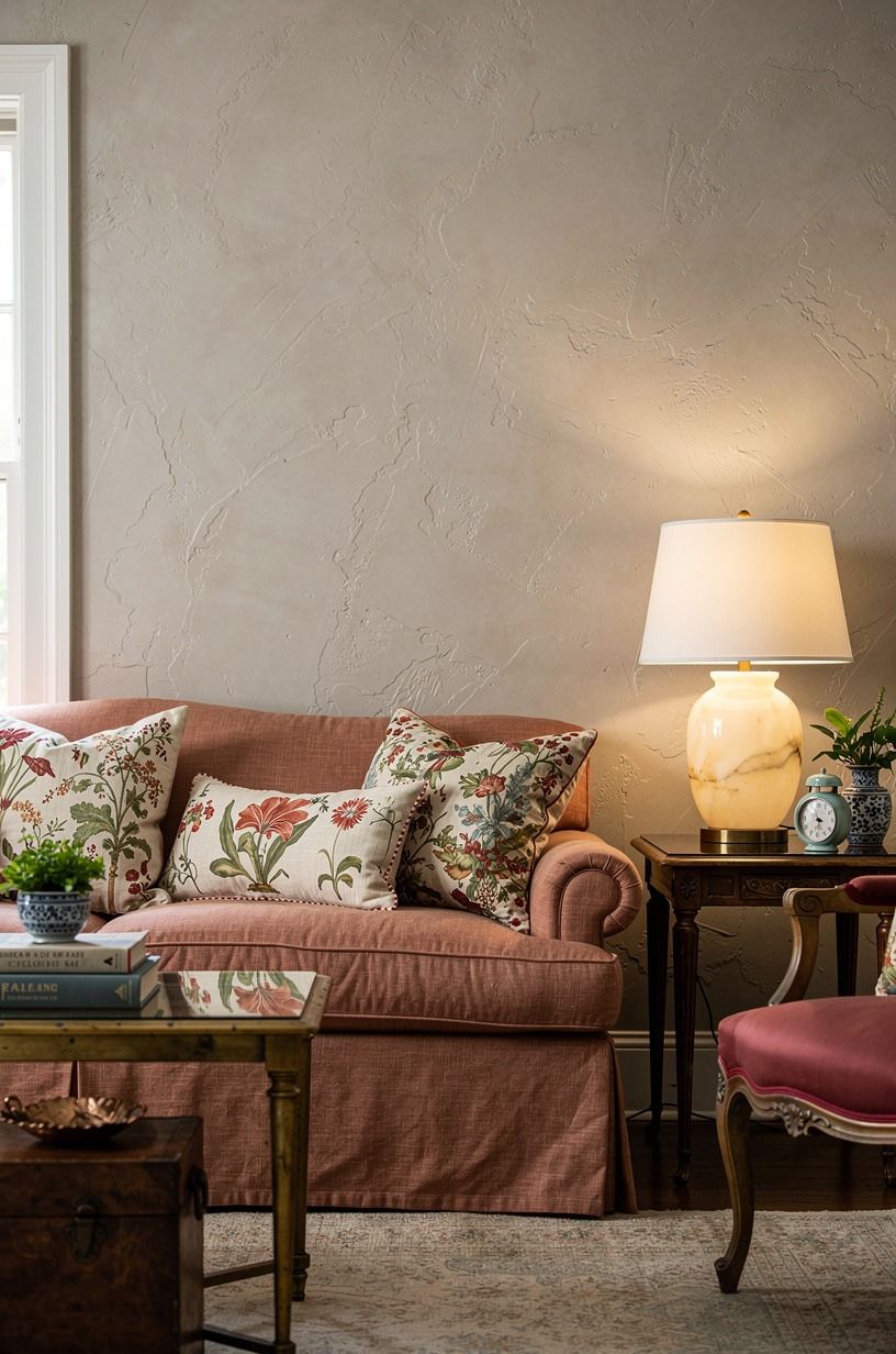 Layer chintz pillows over a skirted sofa