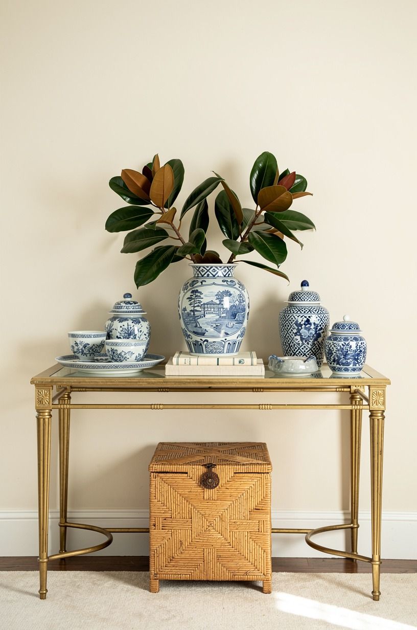 Pair blue transferware with fresh magnolia branches