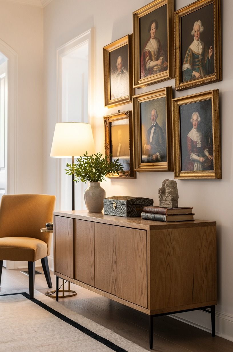 Hang ancestral portraits in mismatched gilt frames