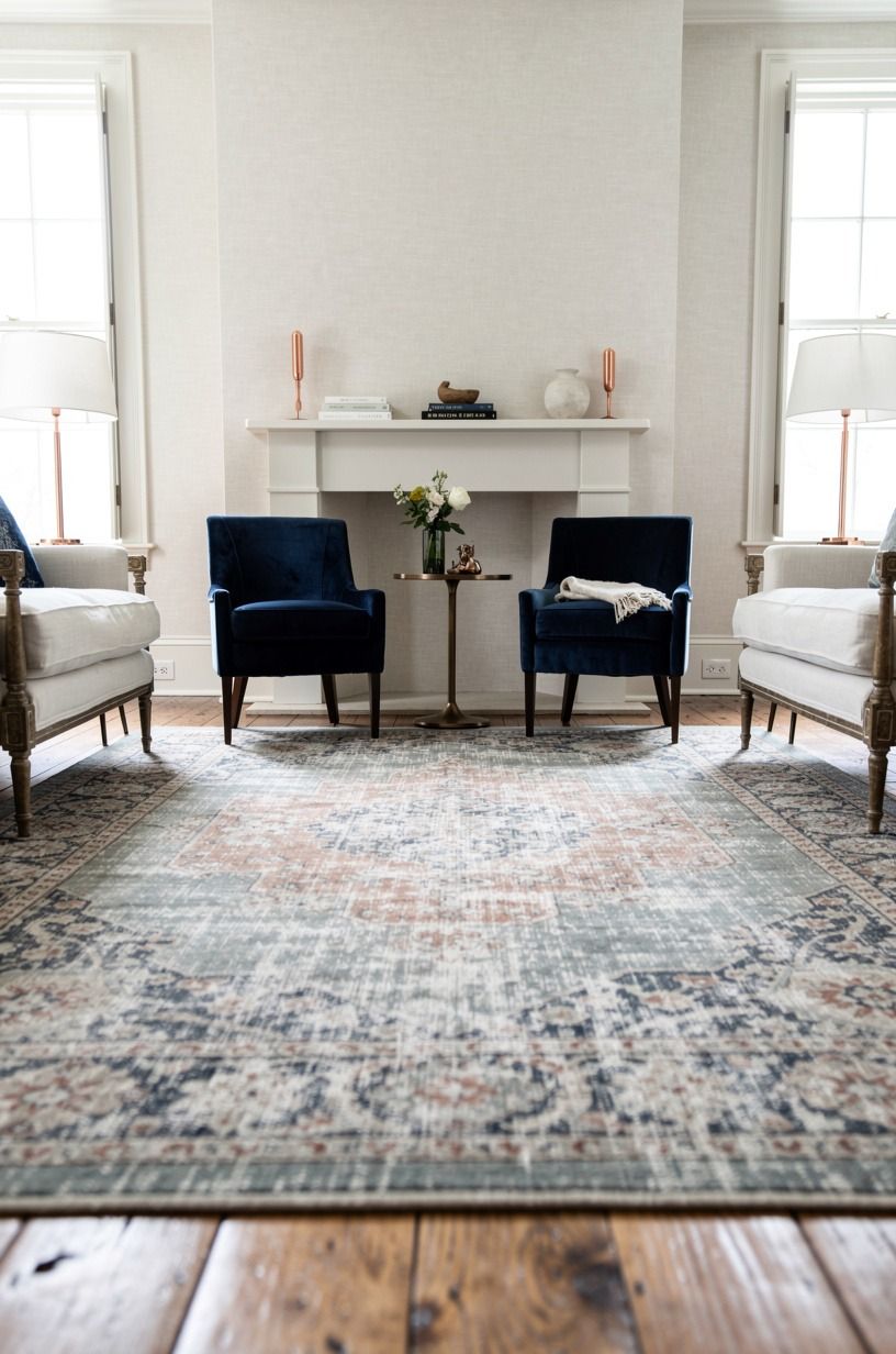 Soften hardwood floors with faded Oushak rugs