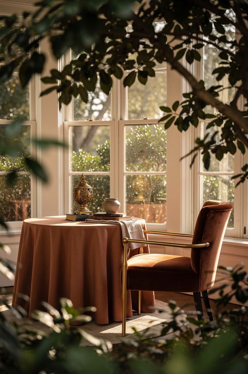 Float a round skirted table near windows