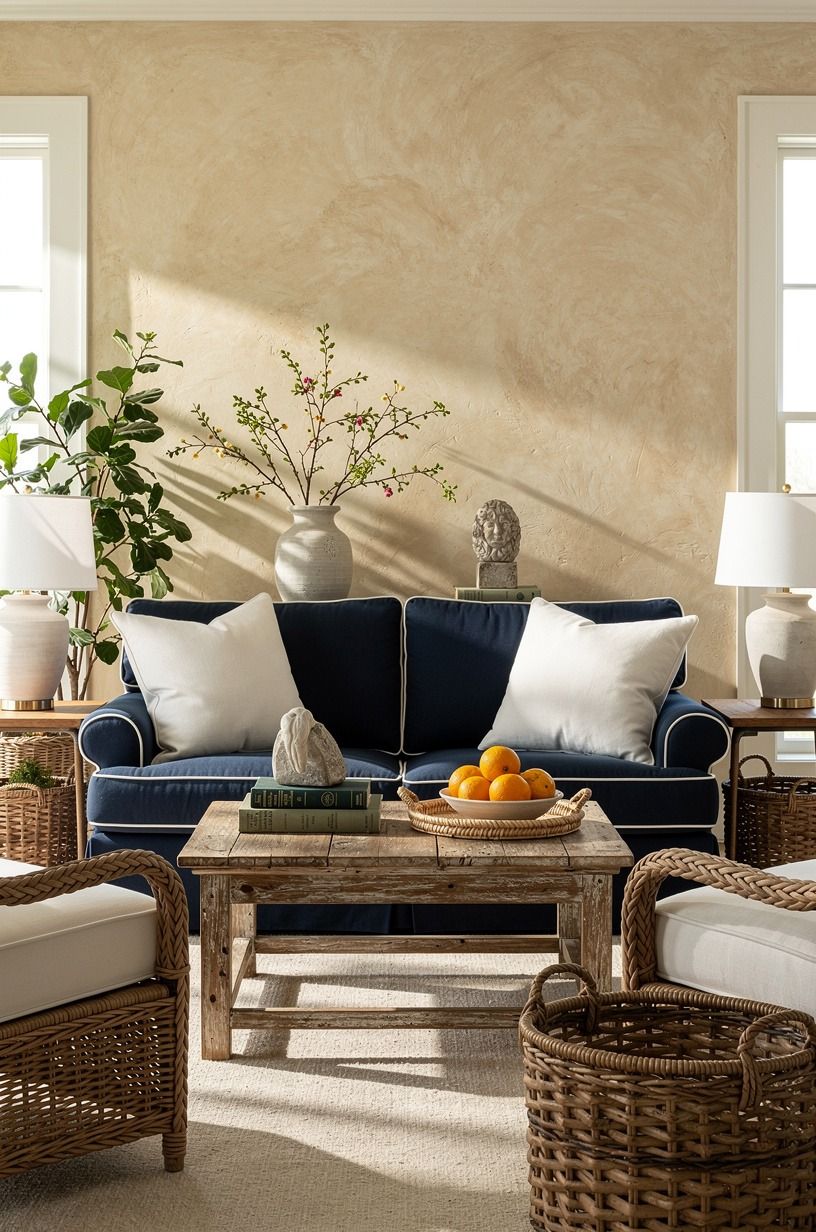 Mix wicker accents with formal upholstery