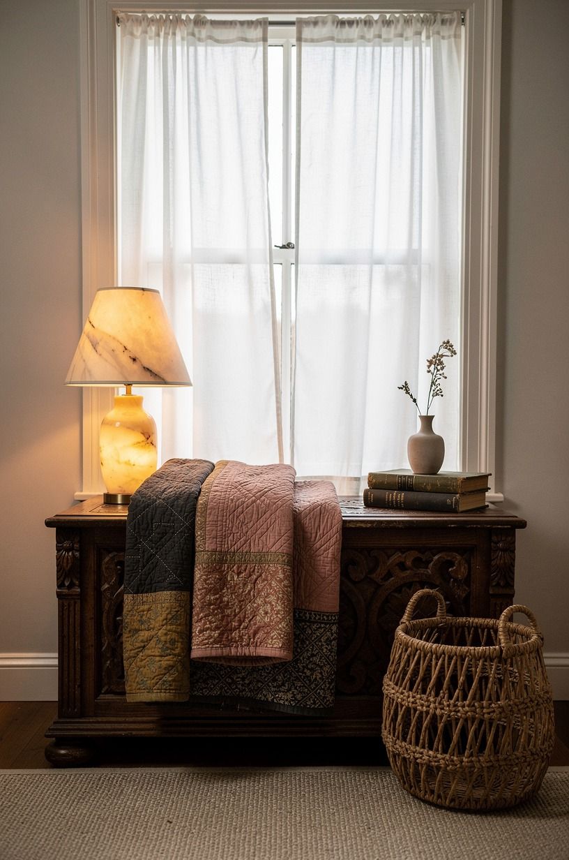 Display quilts over a carved blanket chest