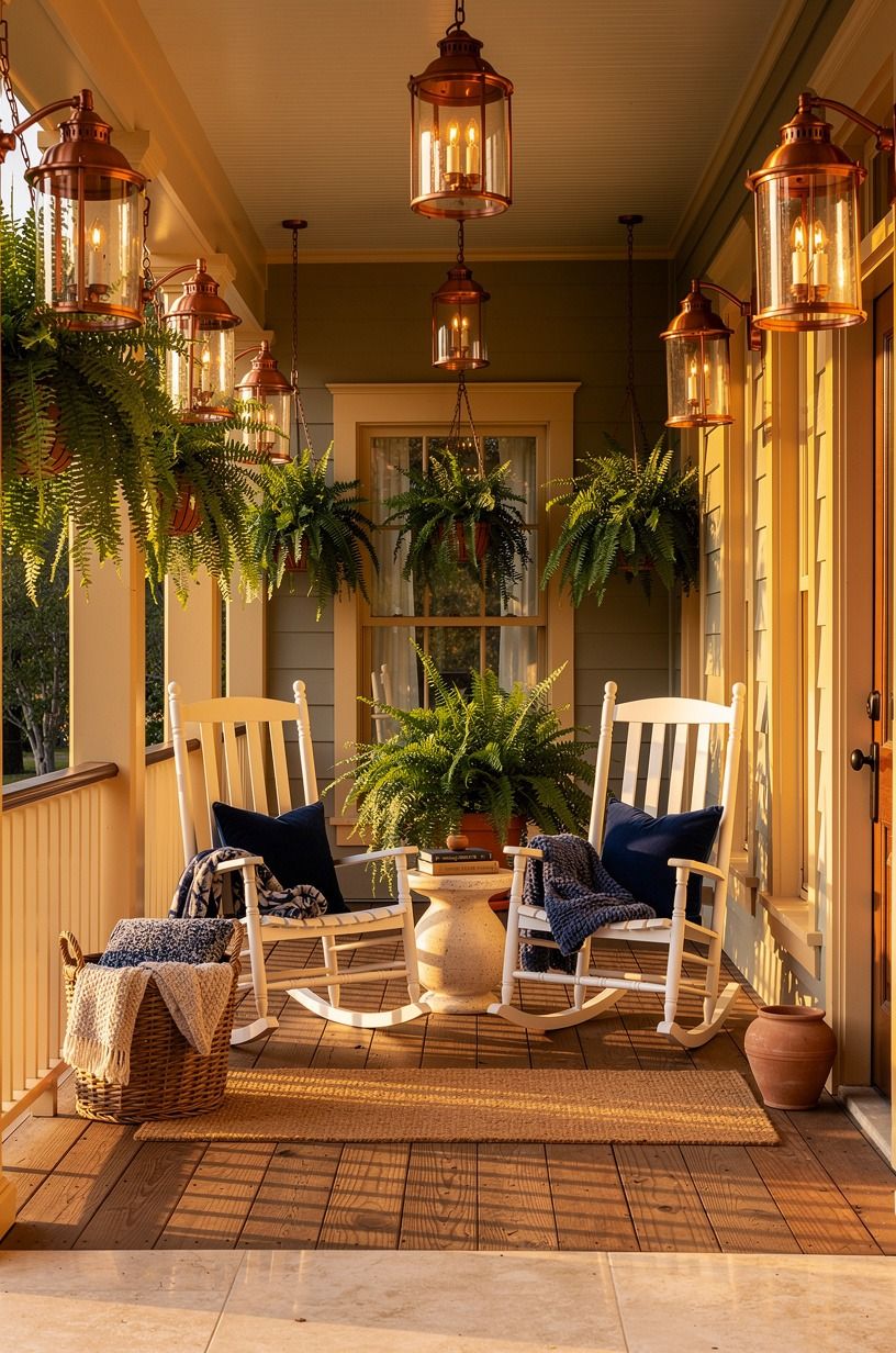 Finish the porch with rocking chairs and ferns