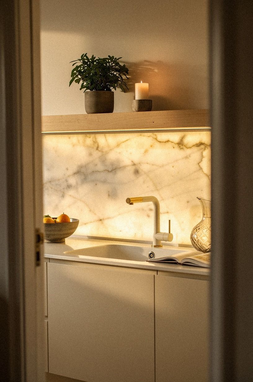 build a slim oak shelf above the sink for a plant and a candle