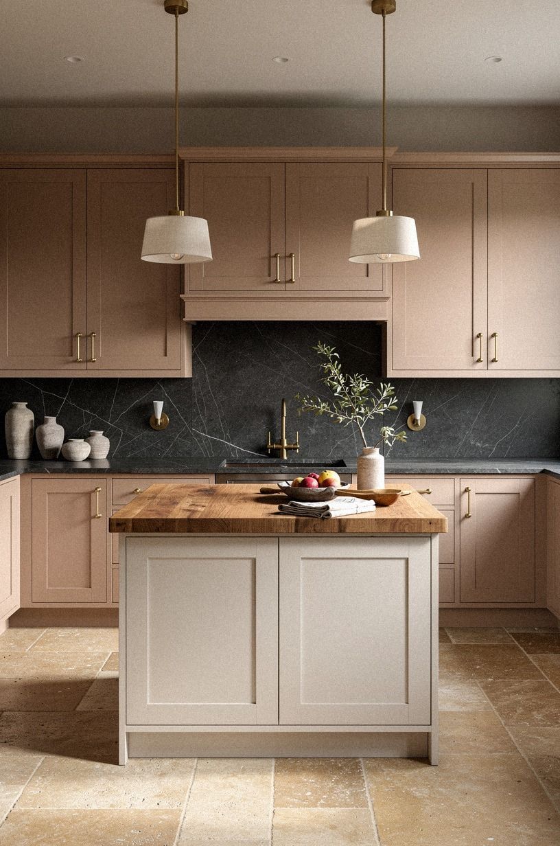 choose soapstone for the perimeter, butcher block for the island