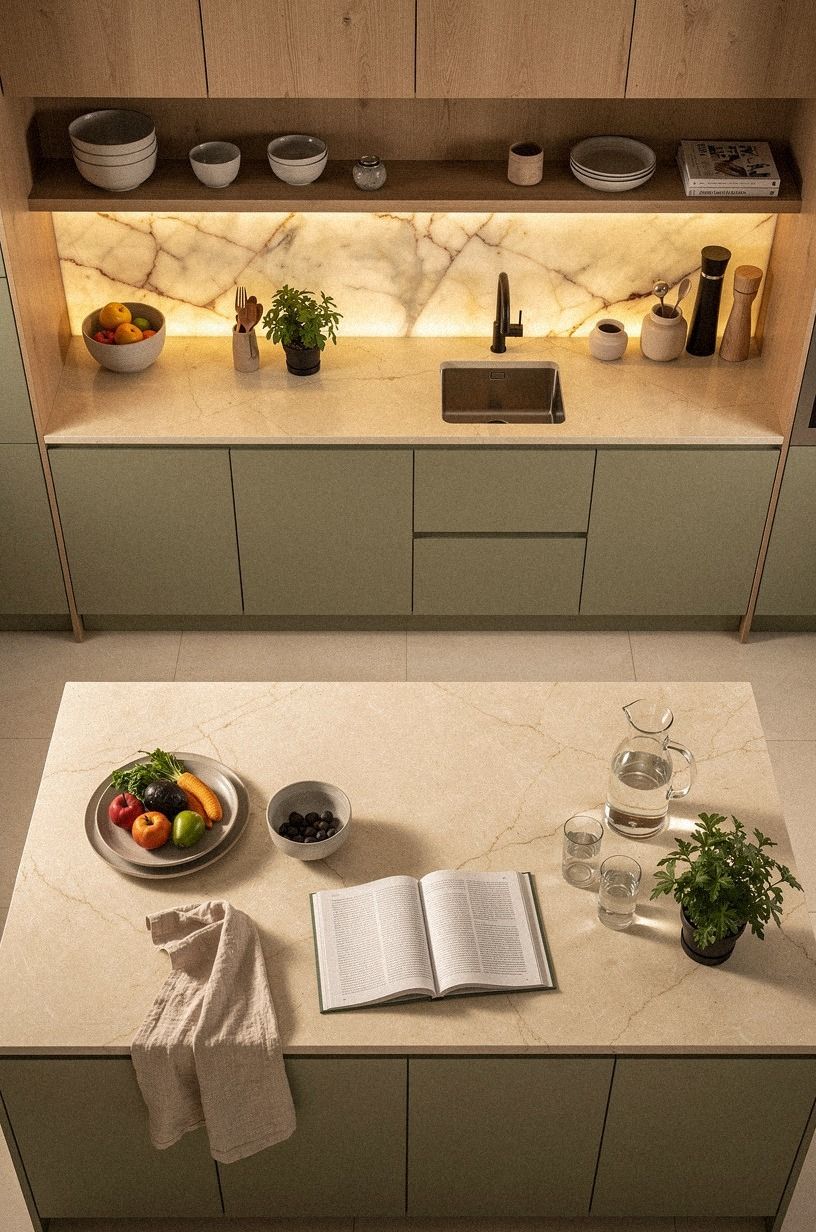 swap the cool quartz for a warm-cream quartz with soft veining
