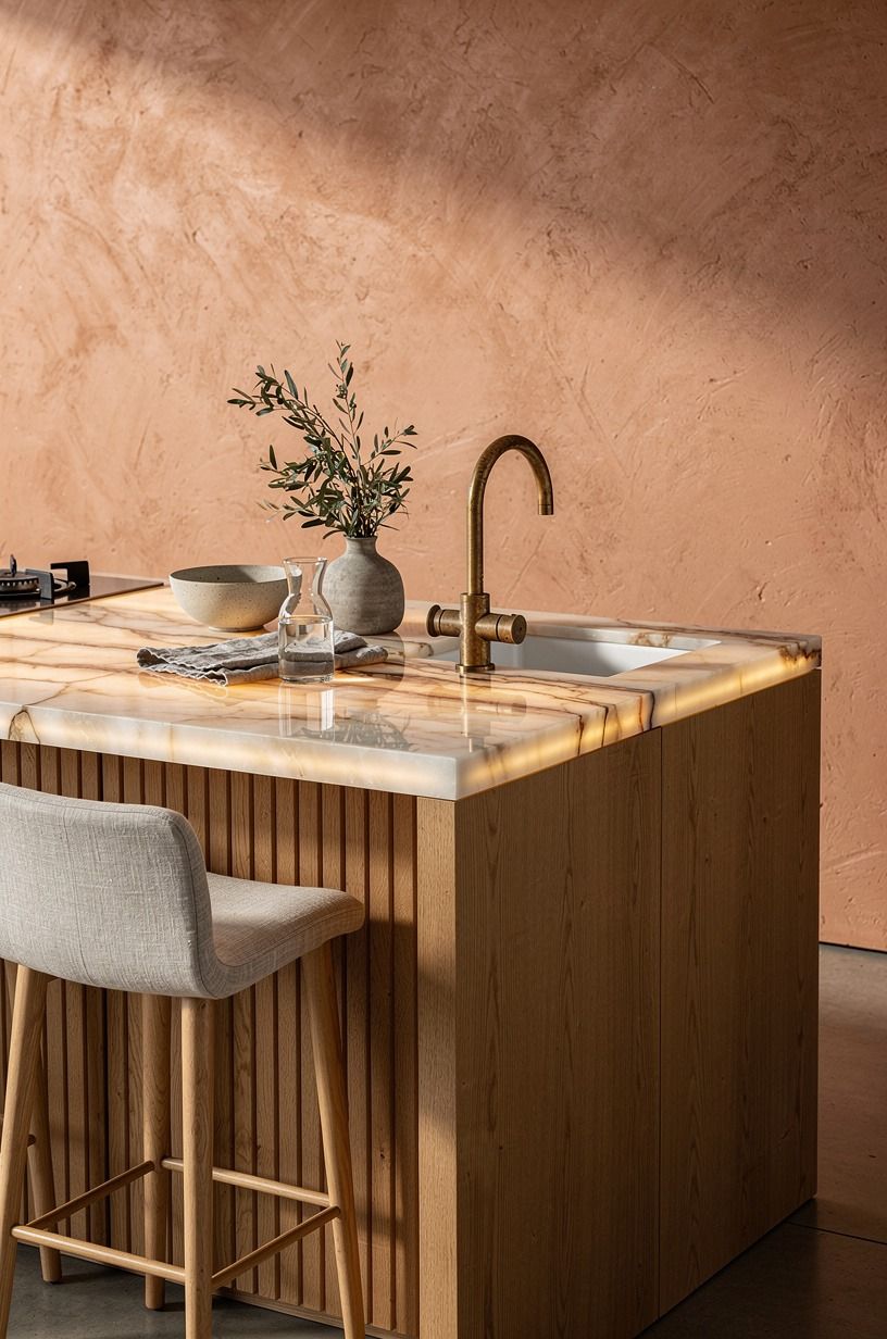 Wrap the island in matching oak panels