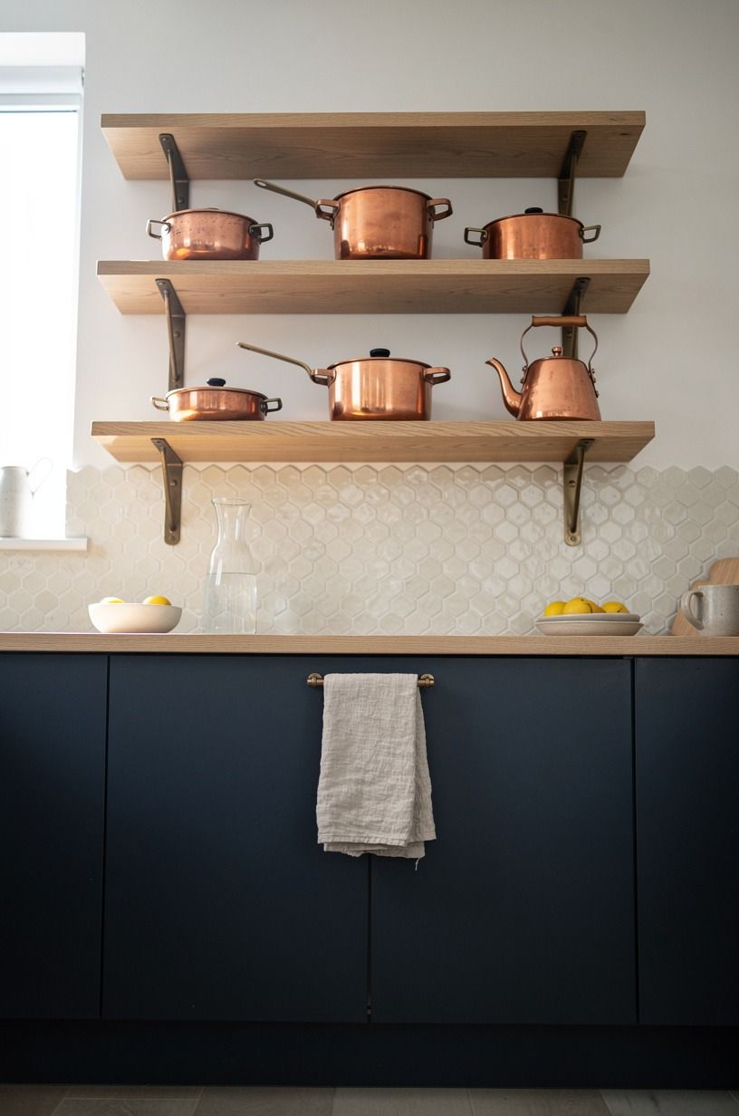 Float oak shelves above the backsplash