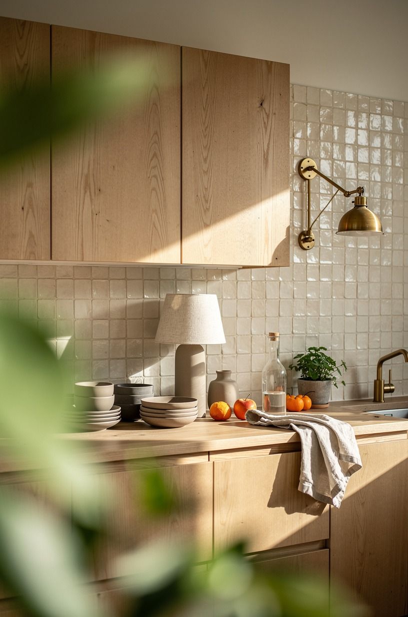 Pair oak cabinets with creamy zellige tile