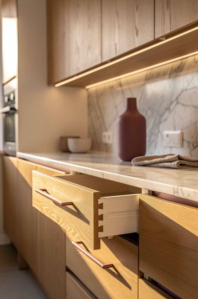 Light oak drawers with warm undercabinet strips