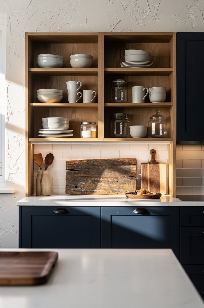 Style open oak shelves with everyday ceramics