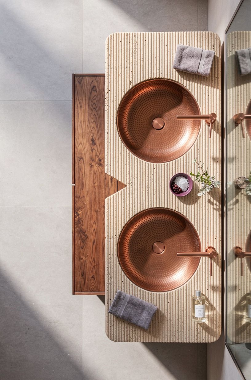 Float a fluted travertine double vanity