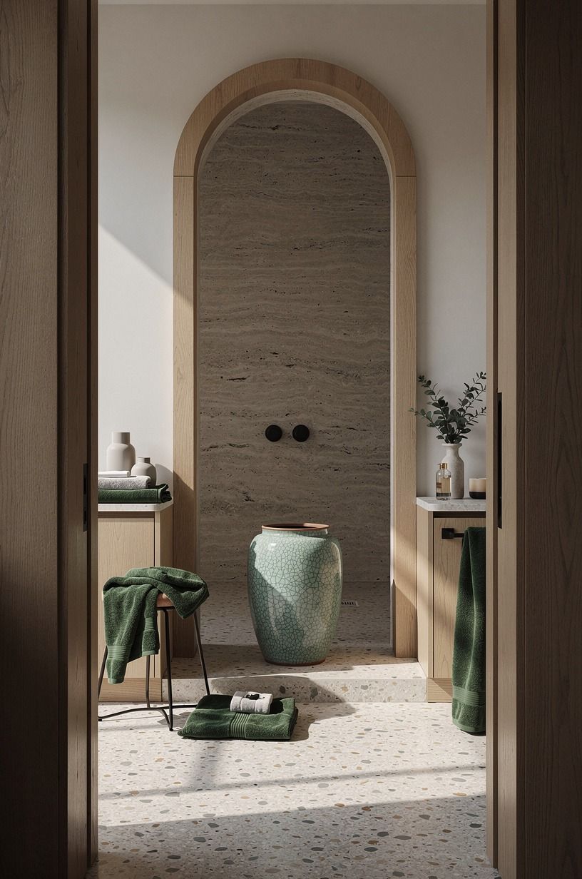Carve an arched travertine shower entry