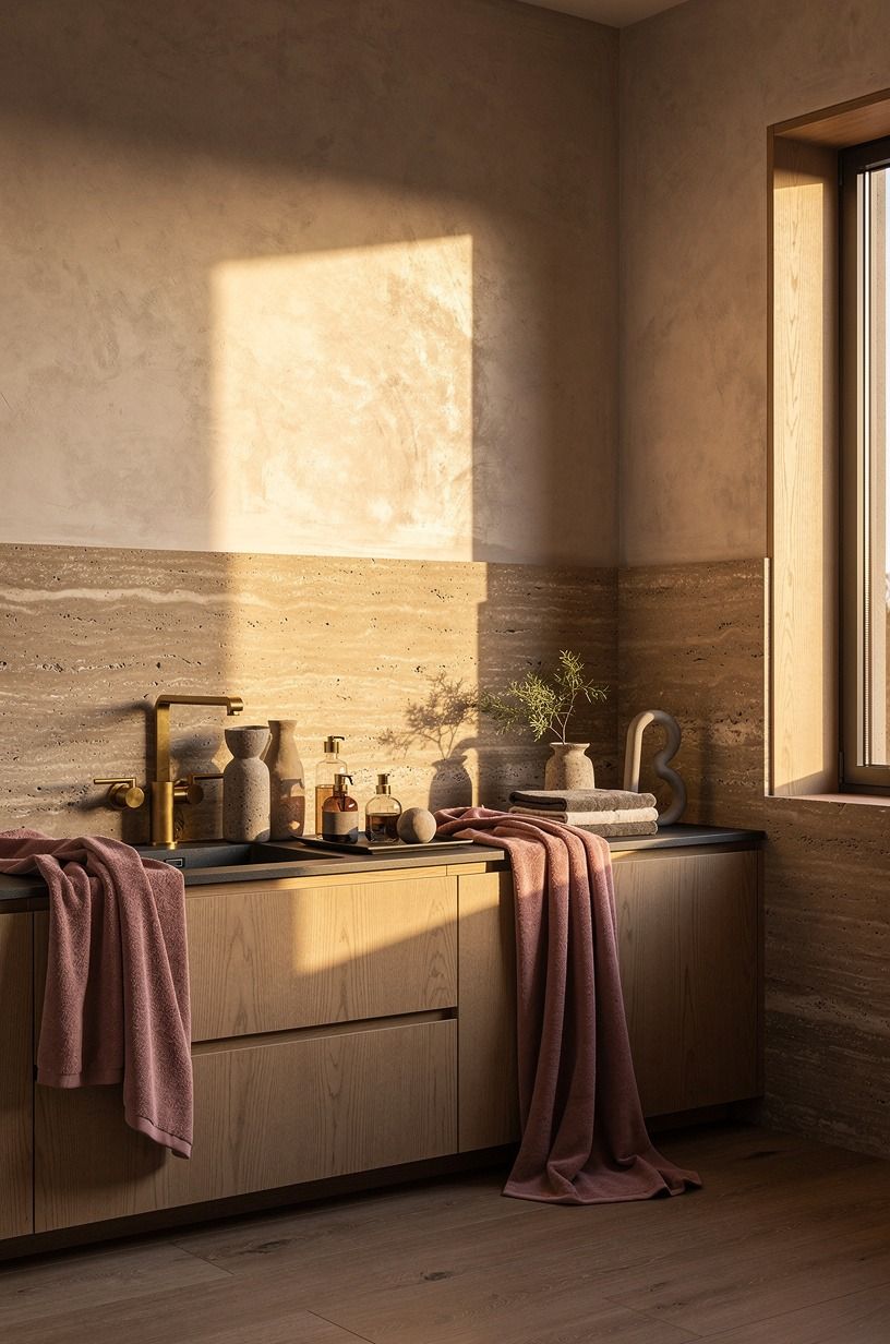 Unlacquered brass against travertine: the pairing that always wins