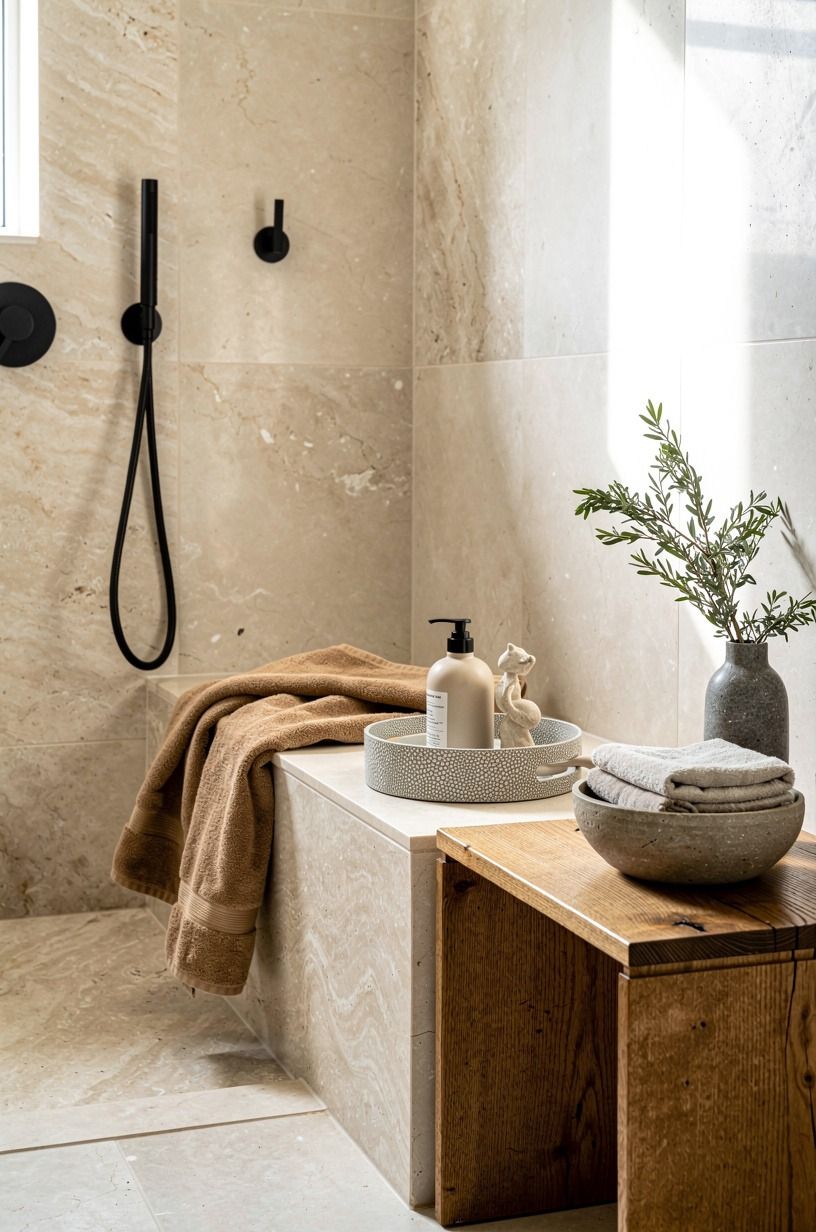 Build a travertine bench inside the shower