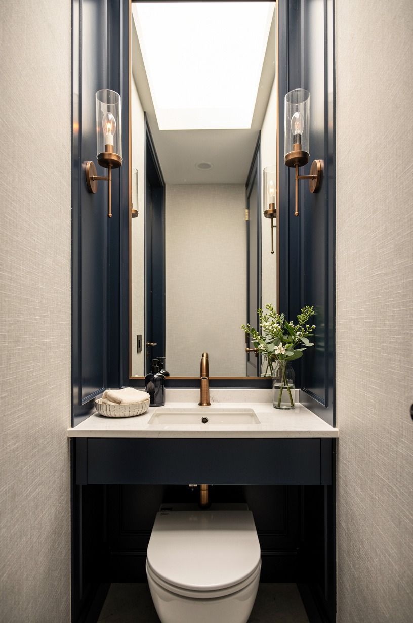 Add a clear glass sconce pair flanking the mirror