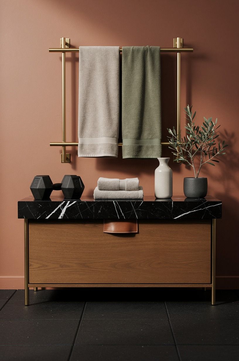 Hang towels on unlacquered brass utility rails